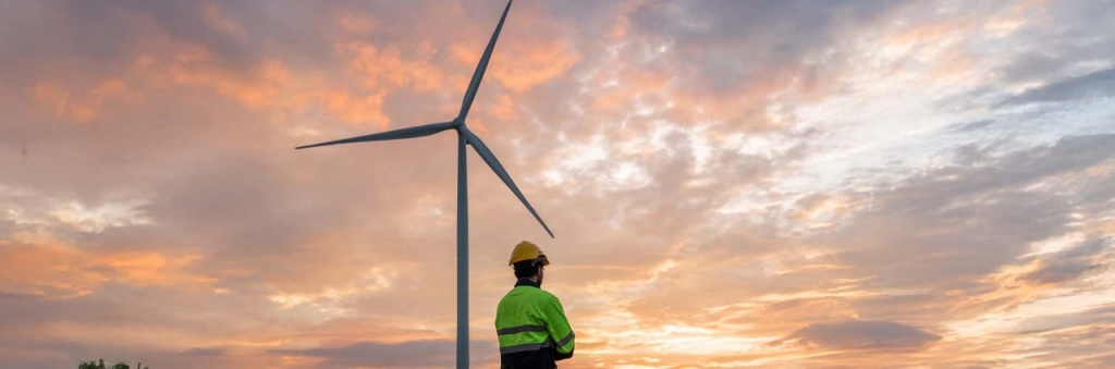 man near to wind turbine